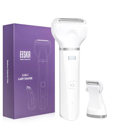EESKA Electric Shaver for Women, 2-in-1 Rechargeable Bikini Trimmer Ladies Electric Razor for Legs Underarm and Public Hair, Painless Hair Remover Groomer Kit, IPX7 Waterproof Wet and Dry Use, White