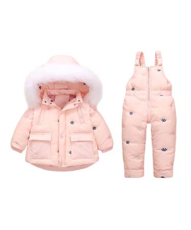 Kids Snowsuit Winter Hooded Down Jacket + Snow Bib Pants 2PCS Baby Boys Girls Fashinable and Lightweight Ski Suit for Toddler 18-24 Months Pink-2 18-24 Months