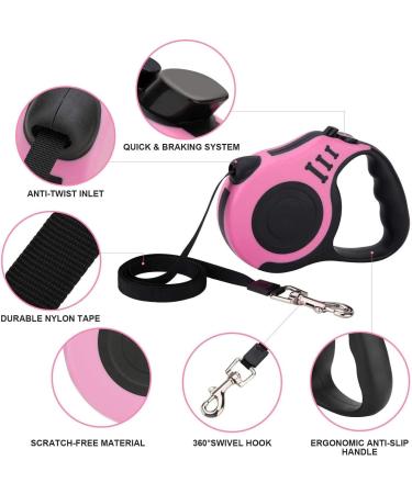 360 Tangle-Free Retractable Dog Lead | Adjustable Harness Leash for Medium Small Pets | Non-Slip Handle | Extendable Nylon | Ideal for Training Walking Jogging | 5M/16FT | 15-20KG | Pink - Buy Online on SooperMarket.com