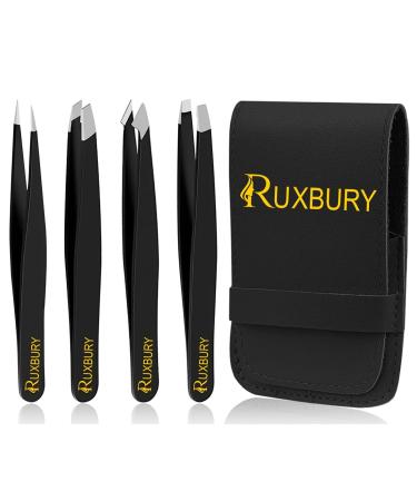 Ruxbury 4pcs Tweezers for facial hair women & men Professional Stainless Steel black color coated precision tweezers Slanted & Pointed Tip eyebrow tweezers for Ingrown Hair tweezers with leather pouch 4 Pcs
