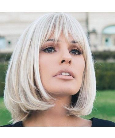 HAIRCUBE Charming Creamy White Short Bob Wigs with Bangs Synthetic Heat Resistant 12 Inch Wigs for Women Creamy White