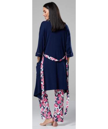 Happy Mama Maternity Nursing Nightwear Set - 3 Piece Navy and Ecru with Flowers | Pants, Top, Robe 558p - Buy Online on SooperMarket.com