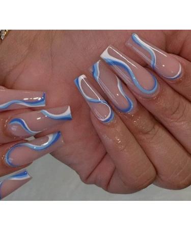 Vatocu Coffin Shiny False Nails Long Wavy Lines Nude Color Stick on Acrylic Nails for Women Girls (24pcs)