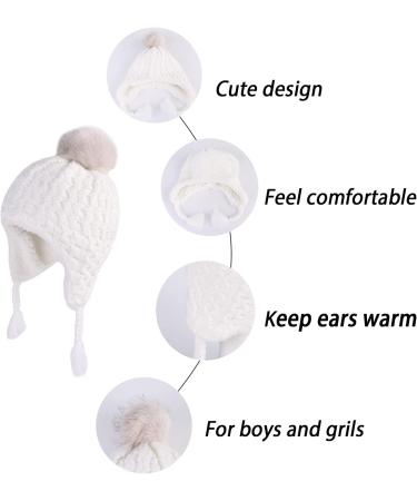LANGZHEN Toddler Winter Hat Earflap Knit Cap Fleece Lined Beanie - White (6-12 Months) - Buy Online on SooperMarket.com