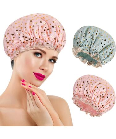 AOOWU Shower Caps 2 Pack Waterproof Bath Caps Large Reusable Shower Hats Elastic Band Double Layers Hair Bath Caps with Soft Ruffled Edge for Women Girls Ladies Spa Salon Home Use 2 Pcs Pink dots + Green dots - Buy Online on SooperMarket.com
