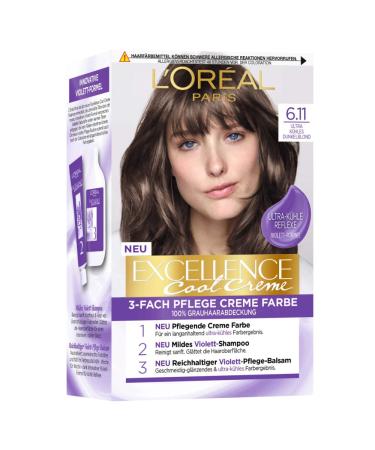 L'Or al Paris Permanent hair color with an ultra cool color result 100% gray hair cover set with coloring shampoo and care cream Excellence Cool cream No. 6.11 Dark blonde (blond) Ultra cooling dark blonde 258 g (1 Pack)