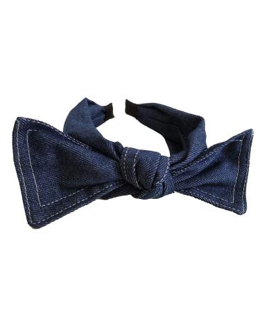 Denim Fabric Bowknot Headband Wide Knotted Hair Band Big Bow Hair Hoop Cute Turban Headband Cross Knot Headwear for Teen Girls Dark Blue