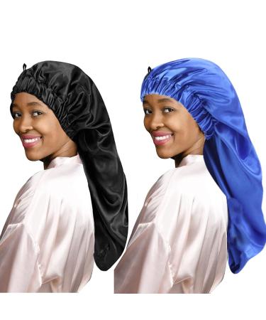 Ladaypoa long satin hair hood girls silky hat 2 pieces women long satin hood sleeping hat to sleep extra large satin sleeping cap unit size black+blue