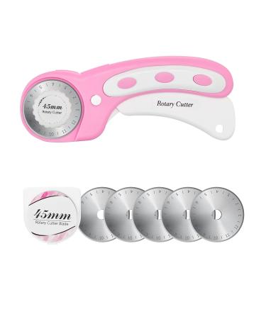 45mm Rotary Cutter with 5pcs Extra Blades, Ergonomic Handle Rolling Cutter with Safety Lock for Fabric, Leather, Crafting, Sewing, Quilting, Fabric Rotary Cutter Perfect for Left & Right Hand(Pink) 45mm Rotary Cutter Pink