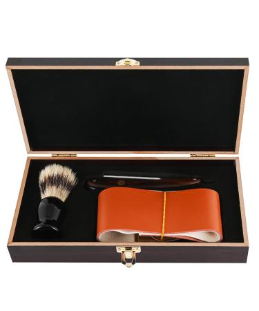 Cut Razor Set Classic Collection Vintage Wooden Box Straight Cut Throat Wooden Shaving Razor with Hair Shaving Brush Natural Tan Cow Leather Strop