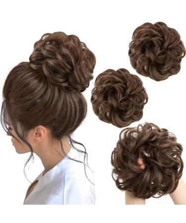 PORSMEER 2 Pieces Brown Messy Hair Buns Extensions Curly Wavy Hair Elastic Easy Scrunchies for Women Girls Large Synthetic Donut Updo Hair Pieces Hair Chignons 10#