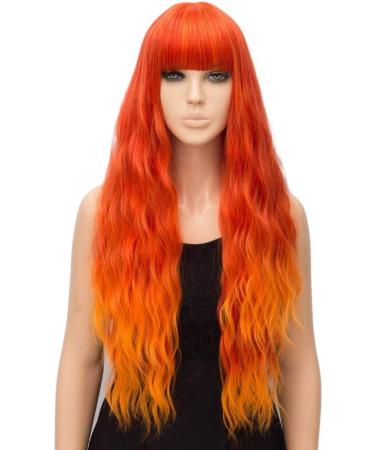 YEESHEDO Long Wavy Curly Wig for Women - 28 Inches Ombre Orange Synthetic Hair with Fringe for Party and Cosplay - Buy Online on SooperMarket.com