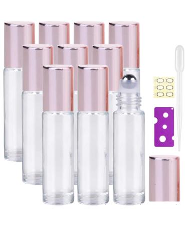 Alledomain 10Pcs 10ml Essential Oil Roller Bottles Refillable Transparent Glass Roll on Bottles Clear Roll Bottles with Stainless Steel Balls & Rose Gold Cap Include 12 Labels Dropper & Opener Color 3