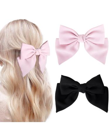 Large Hair Bows for Women Girls  Bmobuo Satin Double Layer Big Hair Bows Clips Bowknot Hair Barrette 2PCS Hair Clips for Women French Hair Accessories for Women Girls (Black  Pink) 03-Style