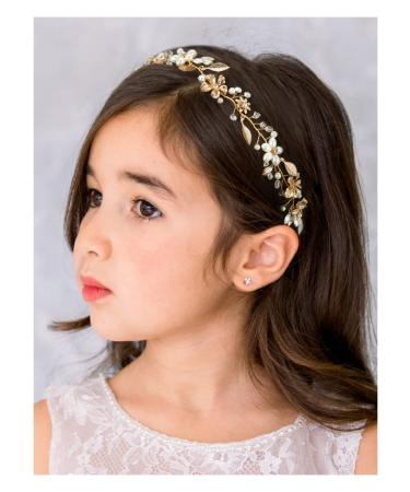 SWEETV Flower Girl Headpiece Pearl Wedding Hair Accessories for Girls Princess Gold Flowers Headband Tiara for First Communion  Birthday