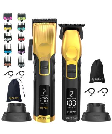 Supreme Trimmer 2-in-1 2Spee Beard Trimmer & Hair Clipper Combo | Removable Blades 2 Speeds LCD Display | Cordless Professional Barber Tools - Easy Color Coded Clipper Guide Combs | STB280 (Gold)