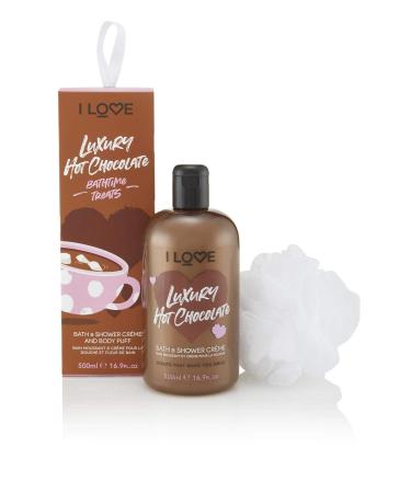 I Love Cosmetics | Hot Chocolate Bathtime Treats | Contains A Luxury Scented Hot Chocolate Bath and Shower Gel - 500ml Along With An Exfoliating Body Puff