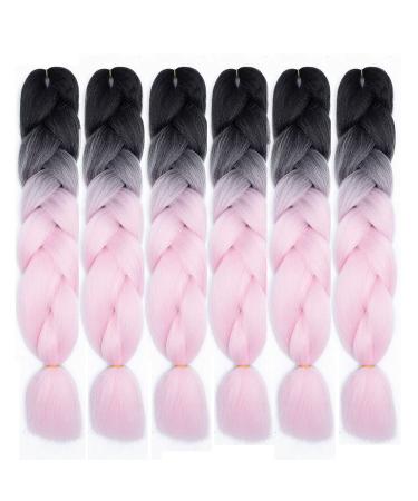 jumbo braids pink ombre braiding hair extension-6Pcs 24inch Kanecalon Hair synthetic braid box crochet braids hair extension hair extension (black pink) b5