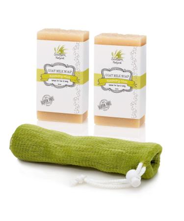 Southern Natural Goat Milk Soap Bar - 2 Pack Rosemary Mint - Gentle For Dry Sensitive Skin. For Face & Body. 4-4.5 oz Bars With Bonus Soap Sock.