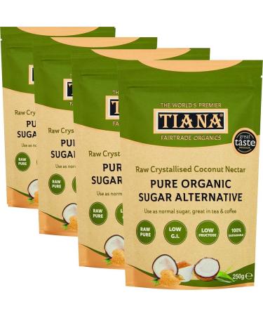 TIANA Fairtrade Organics Raw Crystallised Coconut Nectar Sugar Alternative 1 kg (250g x 4)