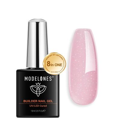 Modelones Builder Nail Gel Nude Glitter Pink Gel Builder for Nails 8-in-ONE Builder Nail Strengthener Hard Gel Color Base Extension Gel Builder Gel in a Bottle Gift for Women 15ML