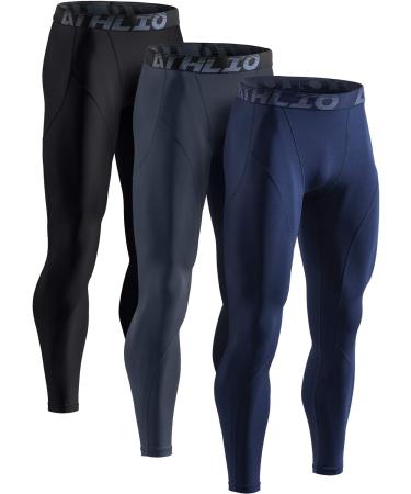 ATHLIO Men's Thermal Compression Pants Athletic Running Tights & Sports Leggings Wintergear Base Layer Bottoms 3pack Thermal Pants Black/ Charcoal/ Navy Large