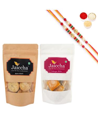 Ghasitaram Gifts Rakhi Gifts for Brothers Rakhi Sweets - Best of 2 Mango Bites 200 GMS and Methi Mathi 150 GMS Pouch with 2 Pearl Beads Rakhis