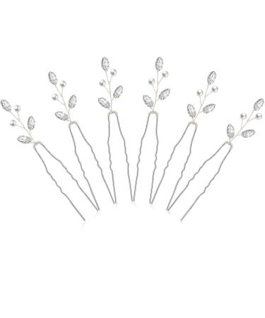 6 Pieces Pearl Crystal Bridal Hair Pins Rhinestone Flower Wedding Hair Piece Vintage Hair Accessory Party Hair Pins for Bride, Bridesmaids, Flower Girls (Silver)