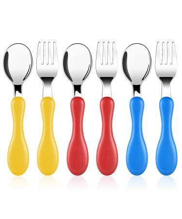 Vicloon Baby Fork and Spoon 6 PCS Toddler Utensils Spoons Forks Tableware Set Stainless Steel Toddler Utensils Baby Forks and Spoons Baby Feeding Cutlery Utensils Weaning Spoons for Kids Red/Blue/Yellow