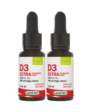 Certified Organic Vitamin D3 (490 Drops/Servings) - Extra Strength - 2500 IU Per Drop - Immune System Support - GMO Free - Gluten Free - Made in Canada - 13.5ml (Pack of 2) 13.5 ml (Pack of 2)