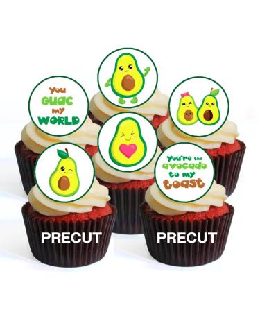 24 PRECUT Avocado Edible Cupcake Toppers - Cute Avocado Theme Premium Thickness SWEETENED VANILLA - wafer card disc cake decorations