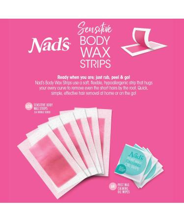 Nads Body Wax Strips for Sensitive Skin - Hypoallergenic Hair Removal Kit | Includes 28 Strips & 2 Calming Oil Wipes - Buy Online on SooperMarket.com