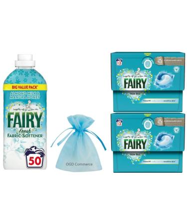 Fairy Fresh Fabric Conditioner 50 washes 1.65L Almond Milk & Manuka Honey + Fairy Non Bio Pods Laundry Washing Capsules 13Pods Huggably Soft for Sensitive Skin 2Pk + for You: Organza Small Bag
