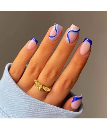 RikView Medium Length Press on Nails with Swirls Design Blue Nails Square Fake Nails for Women and Girls Swirls(Blue)
