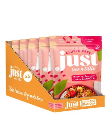 Just Live a Little Gluten Free Granola | 5 x 360g packs | Vegan Granola No Added Sugar (Raspberry Coconut & Cashew Granola)
