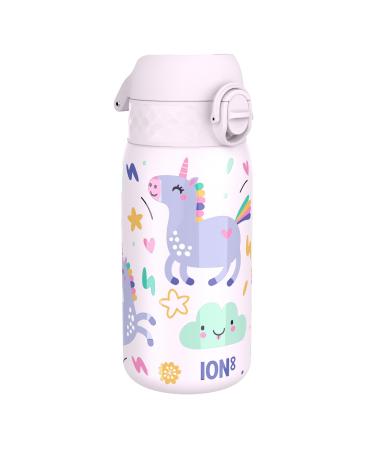 Ion8 Kids Water Bottle Leak Proof Easy to Open Secure Lock Dishwasher Safe BPA Free Carry Handle Hygienic Flip Cover Easy Clean Odour Free Unicorn Design Insulated Steel Little Unicorns