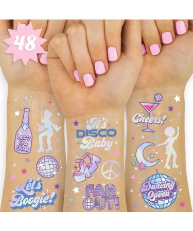 xo  Fetti Disco Birthday Party Temporary Tattoos - 48 Iridescent Foil Pcs | Birthday Girl Party Decorations  Dancing Queen  70s Groovy Party