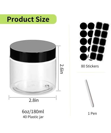 40 Pack 180ml Clear Plastic Jars with Black Lids | Refillable Round Containers for Slime & Beauty Products | Includes Pen & 80 Labels | 6oz - 40 Pack - Buy Online on SooperMarket.com