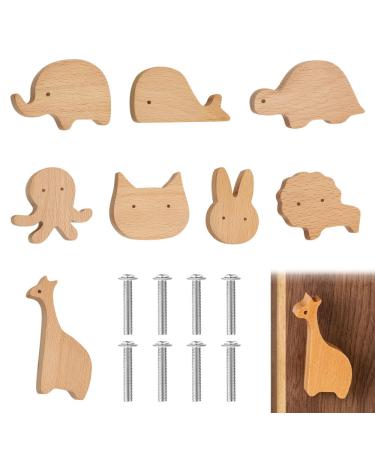 Naveso 8 PCs cabinet buttons wood for children's room solid wood drawer buttons children animal wood drawer handle furniture buttons animal shapes wooden handles for cupboards with screws drawer buttons