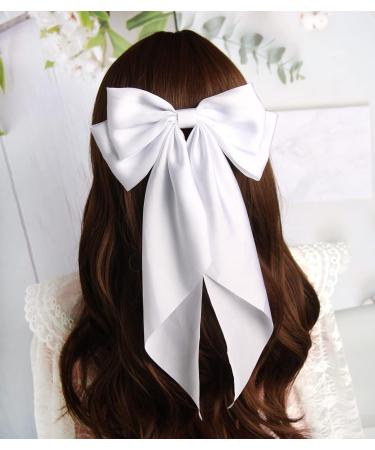 White Hair Bow Hair Bow French Soft Ribbonsatin Satin Hair Bow Simple Large Hair Bow with Long Silky Satin Tail Large Bows 90's Accessories for Party Women Girls - Buy Online on SooperMarket.com