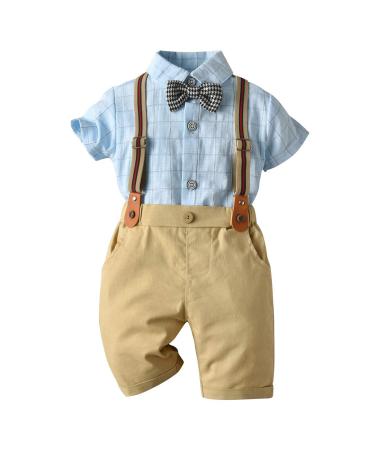 AmzBarley Baby Boys Gentlemans Outfit Suit Kids Long/Short Sleeve Dress Shirt Pants Vest Bowtie Tuxedo Rompers Childs Birthday Evening Holiday Party Khaki 557 2-3 Years