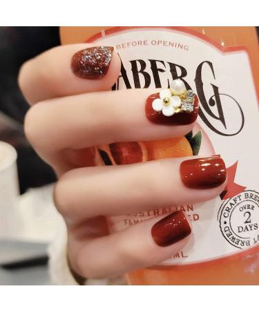 Sethexy Glossy Squoval Short False Nails Flower Glitter Rhinestone Studs Wine Full Cover Acrylic Fake Nails Tips for Women and Girls - Buy Online on SooperMarket.com