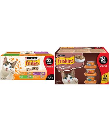 Purina Friskies Poultry Super Pack 32-156 g Cans + Friskies Gravy Pleasures 156 g (Pack of 24) Variety Pack Poultry Friskies Poultry + Gravy Pleasures