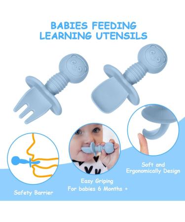 Vicloon Baby Fork and Spoon Set - 4Pcs Silicone Self Feeding Utensil for Easy Grip | Toddler Cutlery Kit for Infant & Children | First Led Training Weaning Spoons - Blue-light Green - Buy Online on SooperMarket.com