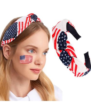 Outyua 4th of July Patriotic American Flag Knotted Headband Independence Day Red White and Blue Hairband USA Star Outfits Hair Accessories for Women Girls