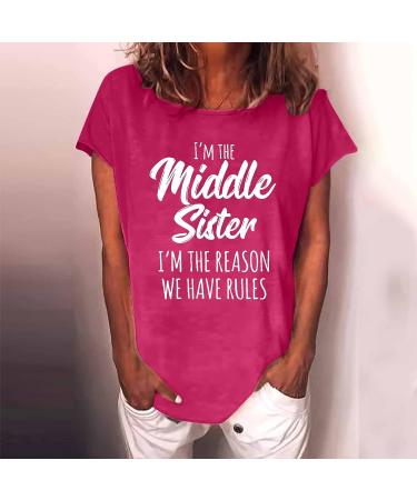 TUNUSKAT Middle Sister T-Shirt - Funny Letter Print Cotton Blouse in Hot Pink | Women's Casual Short Sleeve Top - Buy Online on SooperMarket.com
