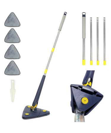 Rotatable Adjustable Cleaning Mop, 85Inch Long Handle 360 Triangle Baseboard Wall Cleaner with Extension Pole 40" to 85", 4 Reusable Washable Mop Pads, Wringer, Wet Dry for Ceiling,Floor,Wall etc Blue