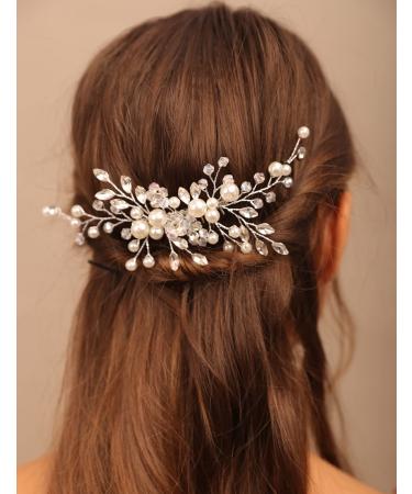 Chargances Bride Pearl Rhinestone Hair Comb Wedding FlowerCrystal Hair Vine Comb Dainty Fashion Beaded Handmade Hair Accessories for Women Bridesmaid Girls (Silver)
