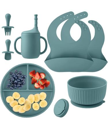Baby Feeding Set Baby Led Weaning Supplies Silicone Bib Suction Divided c Bowl Spoon Fork Toddler Utensils - 6 Moths (Blue Green)