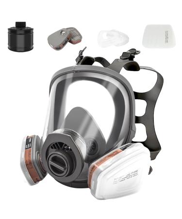 Reusable Full Face Respirator Anti-fog & Dustproof Organic Vapor Cover Mask Professional Face Cover with 40mm Activated Carbon Filter Canister Protection for Painting Logging Mechanical Polishing Red Black